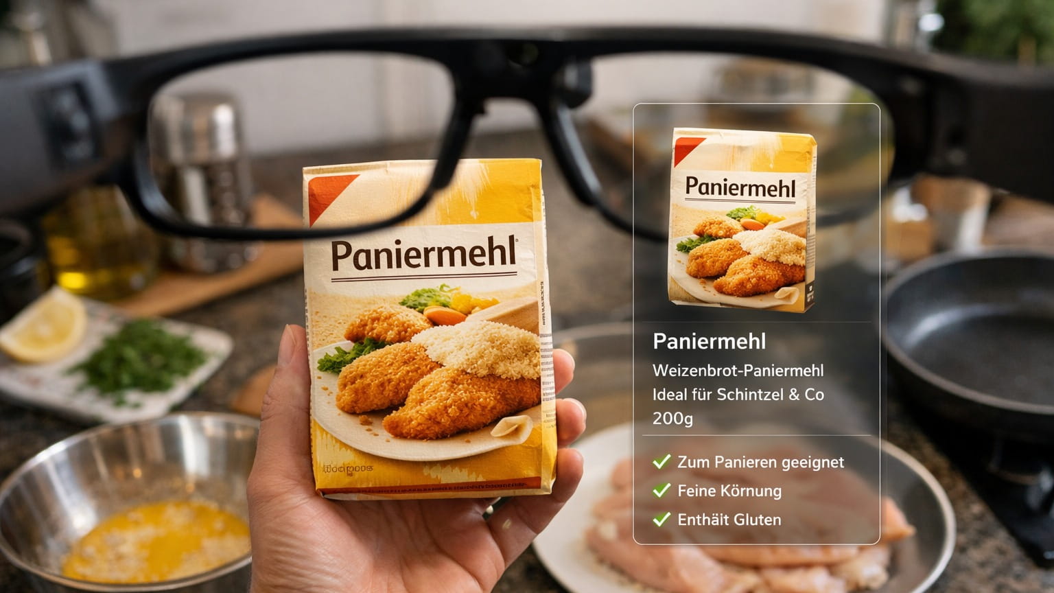 Durch die KI-Brille sieht man Informationen zum Paniermehl